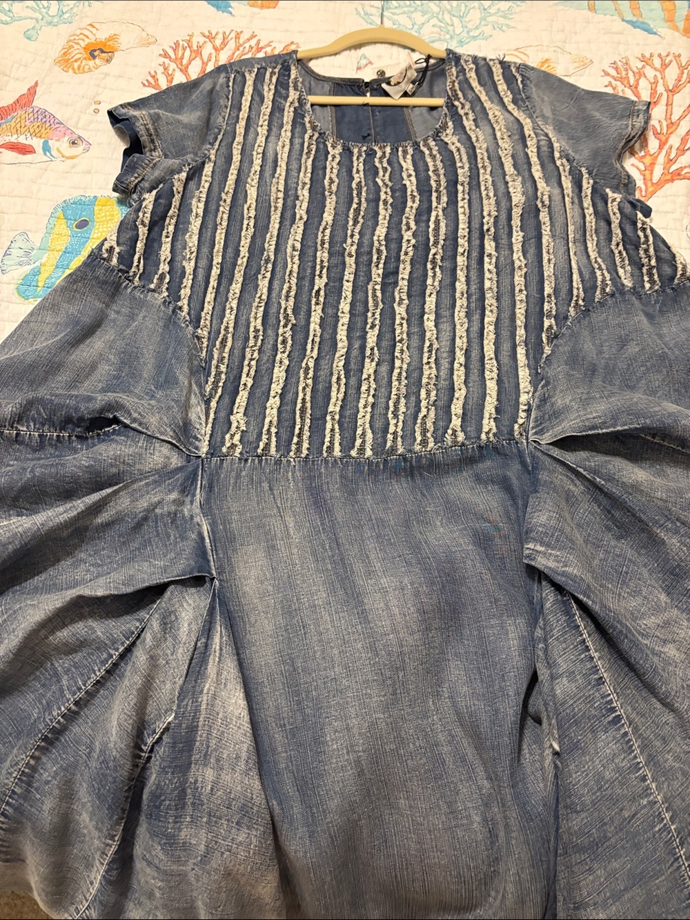 Blue Textured Boho Tunic Dress with Stripe Detail - Picture 9 of 11